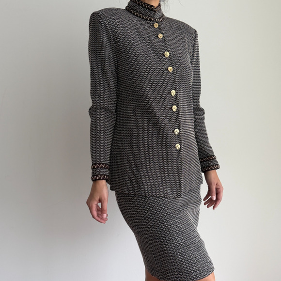 St John Skirt Jacket Suit 4 and 6 Brown Textured Knit Career Elegant Military - Picture 2 of 15